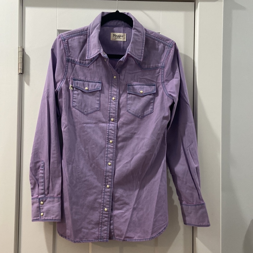 Maggie denim style with love medium purple button down western shirt